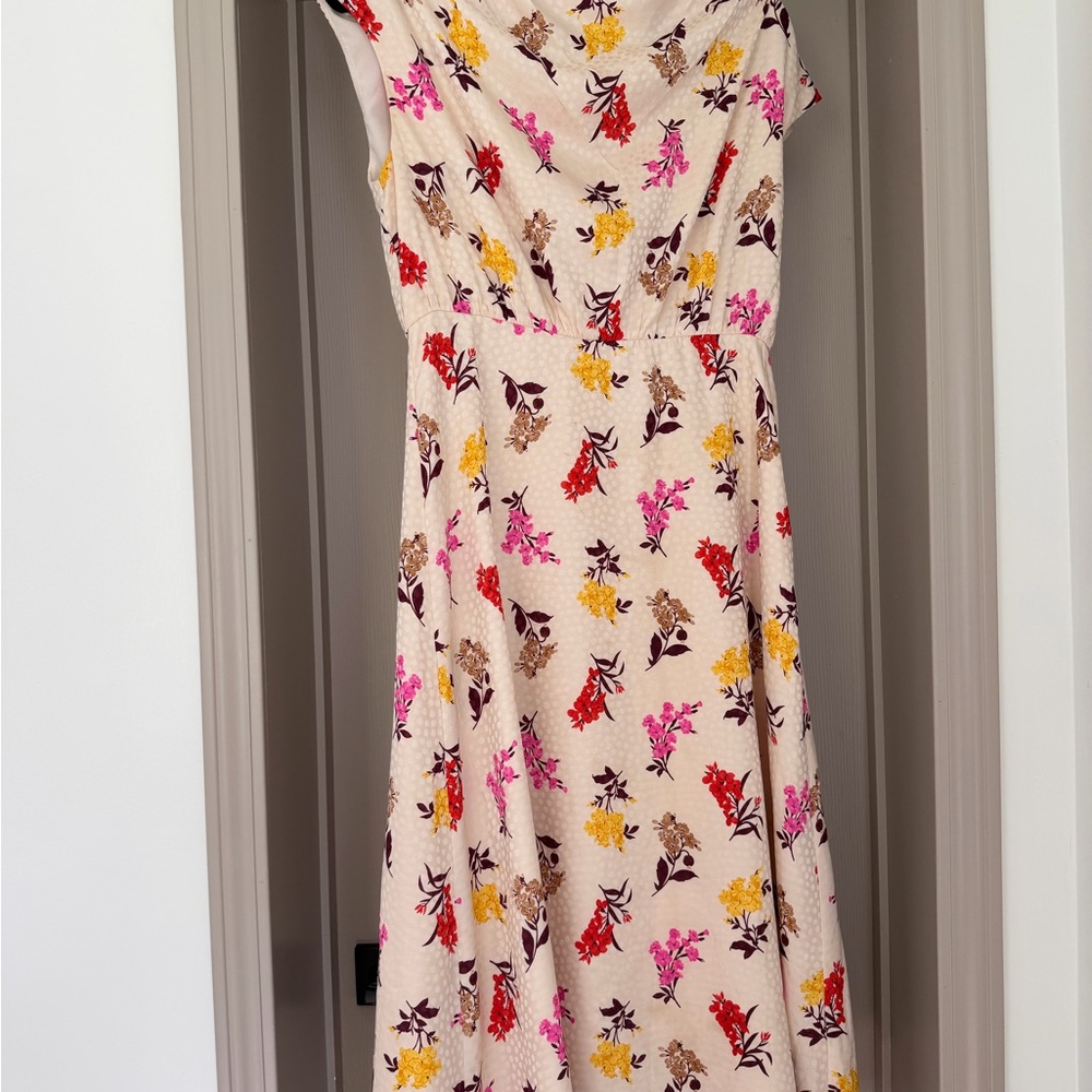 Ann Taylor Floral Pink Midi Dress with Pink, Red & Yellow Accents